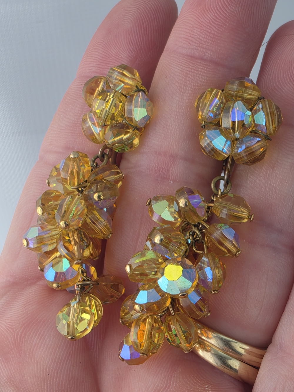 Vintage 2"Yellow AB Cut Glass Crystal Cluster Chandelier Clip Earrings Gold Fill